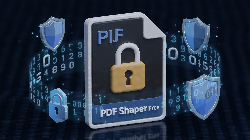 一幅展示PDF文件加密保护的3D渲染图,画面中央是一份带有锁形图标的PDF文件,周围环绕着数字密码和盾牌元素,背景采用深蓝色科技纹理,整体风格安全可靠,突出