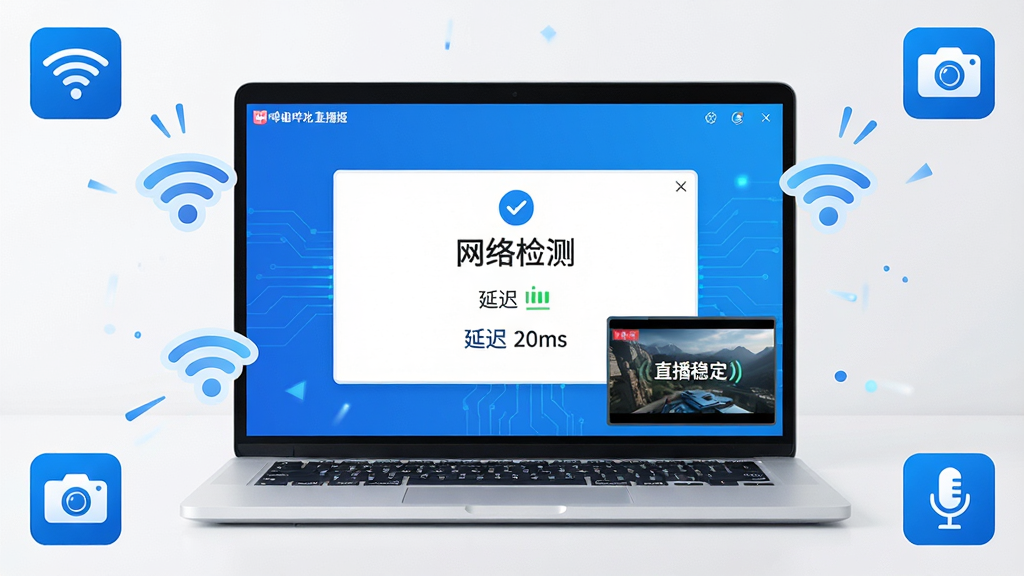主体:一本打开的笔记本电脑,屏幕显示哔哩哔哩直播姬的“网络检测”页面,周围有Wi-Fi信号图标和流畅的直播画面。布局:电脑居中,四角分布信号、摄像头、麦克风等小图标。排版:清晰展示网络状态。风格:科技感,蓝白配色。细节:网络状态显示“延迟 20ms”,画面中有“直播稳定”字样。画质:高清,干净,无多余元素。