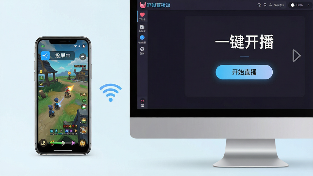 主体:手机和电脑并排摆放,手机屏幕显示游戏画面,电脑屏幕显示哔哩哔哩直播姬的“一键开播”界面。布局:左手机右电脑,中间有无线连接图标示意。排版:简洁明了,突出“一键”操作。风格:清新简洁,浅色背景。细节:电脑屏幕上“开始直播”按钮高亮,手机屏幕有“投屏中”字样。画质:高清,干净,无多余元素。