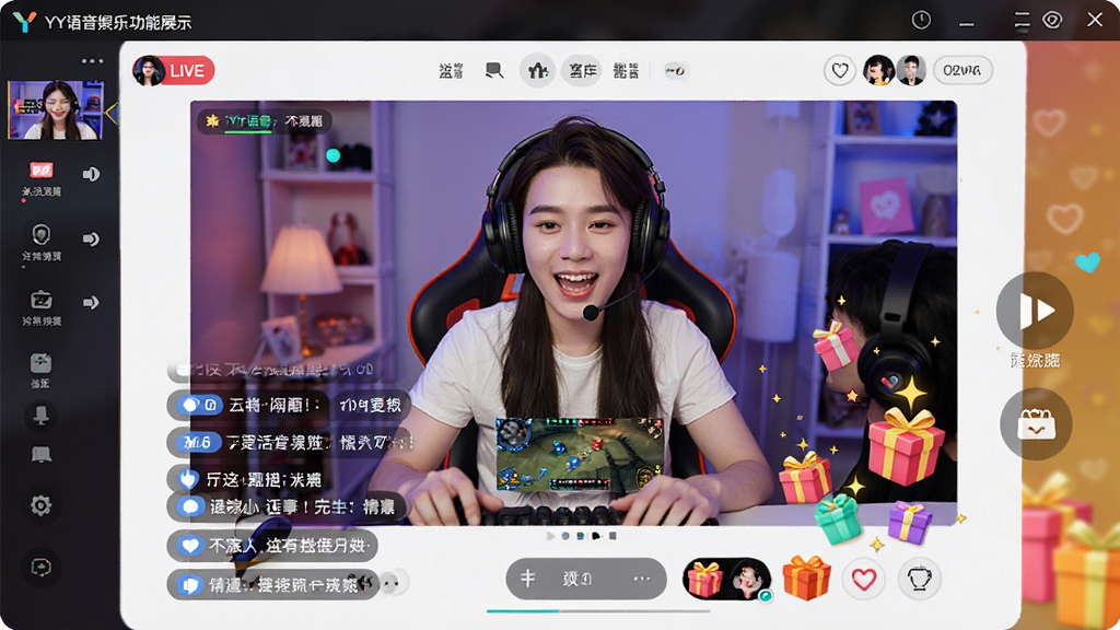 YY语音娱乐功能展示图,画面展示客户端内嵌入的直播画面,有主播正在游戏,屏幕下方有互动弹幕和礼物特效,整体色彩鲜艳,界面丰富,画质清晰