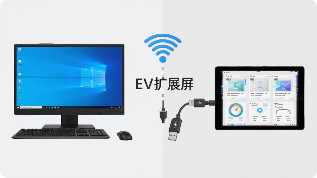 展示EV扩展屏连接的示意图,画面分为左右两部分,左侧是一台Windows电脑,右侧是一台安卓平板,两者之间通过Wi-Fi信号图标和USB线缆图标连接,中间显示“EV扩展屏”字样,整体风格简洁科技感,背景为浅灰色,画质清晰干净,无多余元素