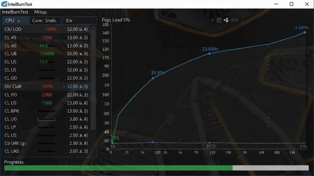 IntelBurnTest运行中,屏幕显示CPU负载100%,温度曲线上升,测试进度条滚动,主体为软件界面特写,布局为左右分栏,左侧数据右侧图表,风格科技感,细节包括核心温度与耗时数据,画质清晰,干净无多余元素
