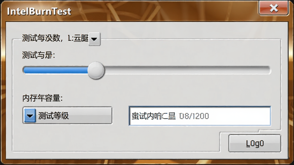 IntelBurnTest自定义测试参数窗口,包括迭代次数滑块与内存容量输入框,主体为设置界面,布局紧凑,风格拟物化,细节包括测试等级选择按钮,画质高清,干净无多余元素