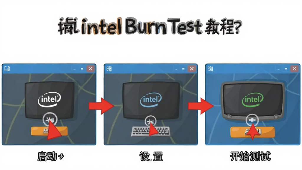 IntelBurnTest使用教程示意图,包括启动、设置、开始测试三个步骤,主体为三个分屏窗口,布局横向排列,风格卡通扁平,细节包括红色箭头指示点击位置,画质干净,无多余元素