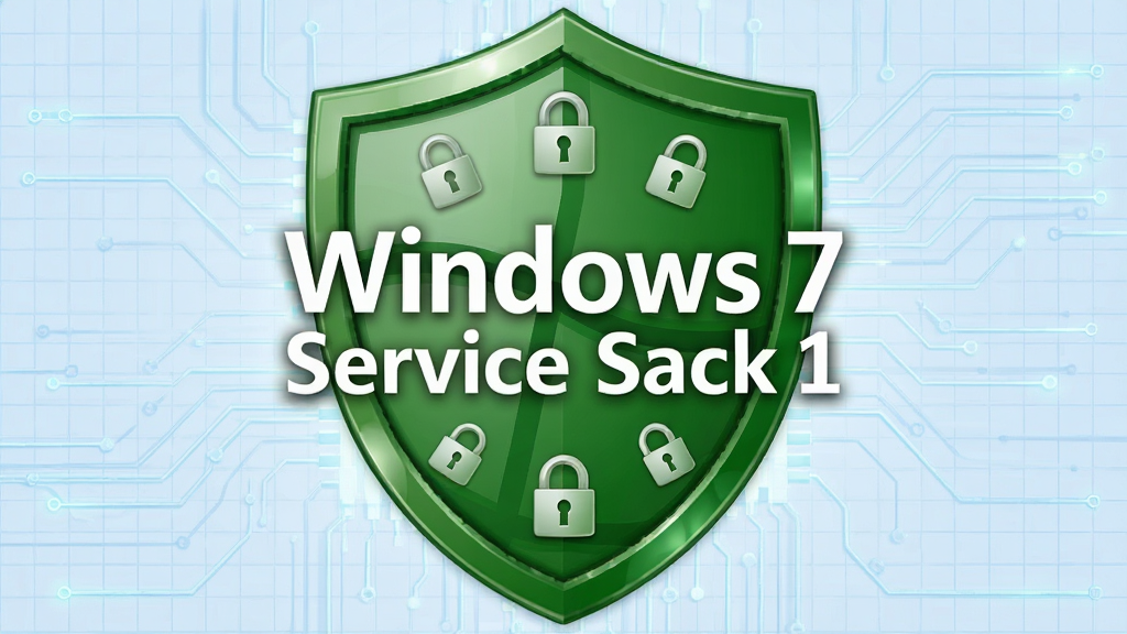 主体:一个绿色盾牌图标,盾牌中央有“Windows 7 Service Pack 1”字样,周围环绕锁形图案。布局:盾牌居中,背景为淡蓝色网格。排版:文字位于盾牌中心,醒目突出。风格:安全、可靠、简洁。细节:盾牌边缘有光泽效果,背景有细微的电路纹理。画质:高清、干净、无多余元素。
