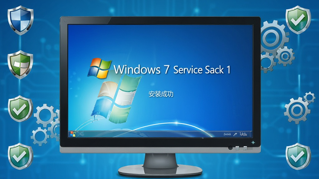主体:一台运行Windows 7的电脑屏幕显示“Windows 7 Service Pack 1”安装完成界面,周围有盾牌、齿轮等元素。布局:居中构图,电脑屏幕为主体,四周环绕更新组件图标。排版:界面简洁,文字清晰。风格:科技感、专业、明亮。细节:屏幕中有“Windows 7 Service Pack 1”字样和“安装成功”提示,背景为渐变蓝色。画质:高清、干净、无多余元素。