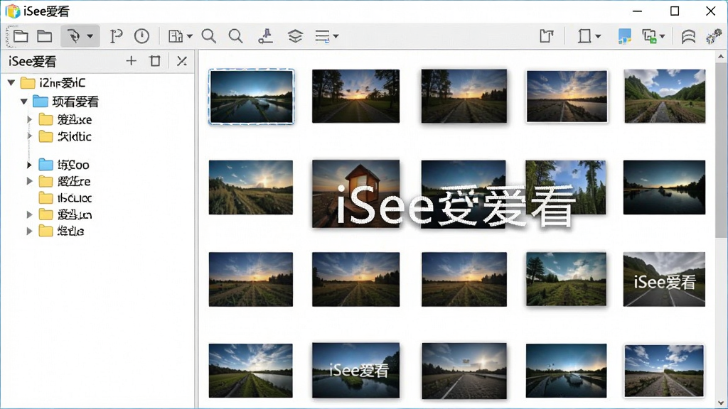 一张展示iSee爱看软件主界面的高清截图,界面左侧为文件夹树状列表,右侧为图片缩略图网格,顶部有菜单栏和工具栏,整体风格简洁明亮,布局清晰,图片上带有“iSee爱看”字样,画质清晰,干净无多余元素。