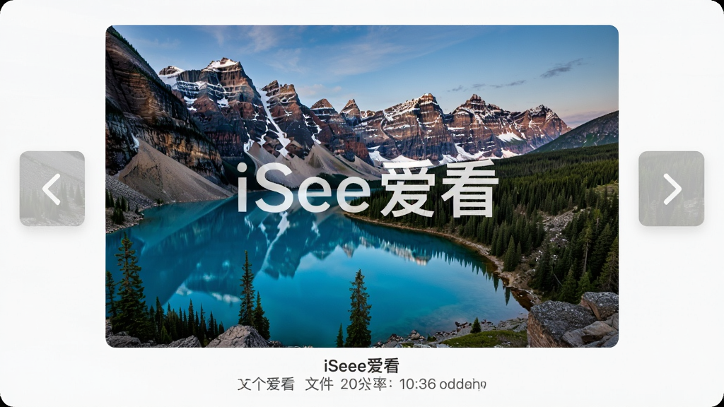 展示iSee爱看软件浏览图片时的流畅界面,一张高清风景照片占据画面中央,左右两侧有半透明的上一张/下一张箭头按钮,下方显示文件名和分辨率信息,界面简洁,风格现代化,图片上带有“iSee爱看”水印,画质细腻,干净无多余元素。