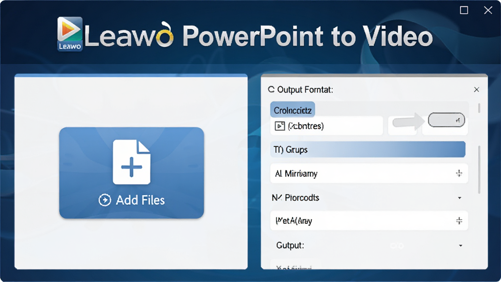画面中央展示Leawo PowerPoint to Video的主界面,上方有软件名称“Leawo PowerPoint to Video”的Logo,界面左侧为添加文件按钮,右侧为输出格式选择区域,背景为深蓝色渐变,整体风格简洁大方,画质清晰,干净无多余元素。