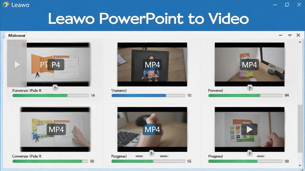 一张展示Leawo PowerPoint to Video批量转换过程的截图,界面中多个PPT文件正在转换为MP4视频,进度条显示转换进度,背景为浅灰色,突出软件名称“Leawo PowerPoint to Video”,画面干净整洁,画质清晰。