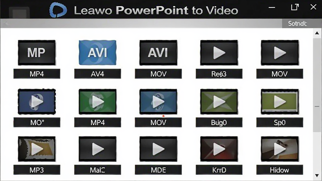 展示Leawo PowerPoint to Video输出格式选择界面的图片,界面中列出了多种视频格式图标,如MP4、AVI、MOV等,每个图标下方有格式名称,背景为白色,整体布局清晰,突出软件名称“Leawo PowerPoint to Video”,画质干净。
