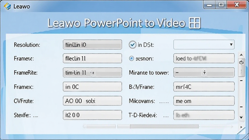 展示Leawo PowerPoint to Video参数设置面板的图片,面板上有分辨率、帧率、比特率等选项,背景为浅蓝色,界面简洁,突出软件名称“Leawo PowerPoint to Video”,画质细腻。