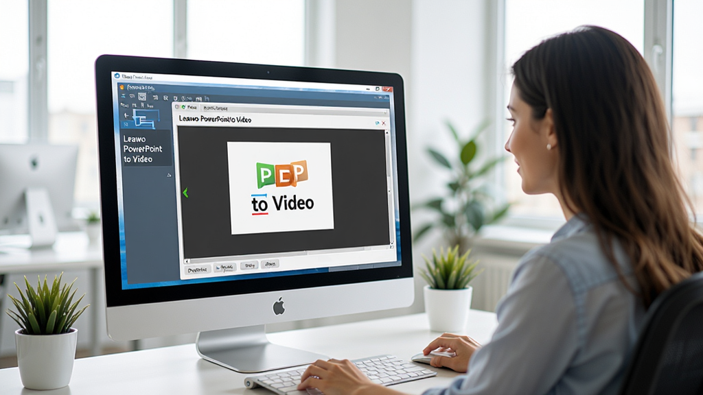 展示Leawo PowerPoint to Video使用场景的图片,用户正在电脑前操作软件,屏幕显示转换界面,背景为明亮的办公室环境,整体风格写实,突出软件名称“Leawo PowerPoint to Video”,画质清晰。