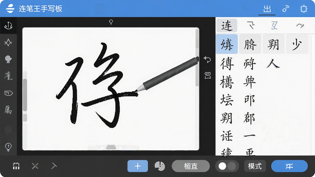 一张功能演示图,主体是电脑端“连笔王手写板”的输入界面,左侧为手写区域,右侧为候选字列表,底部有模式切换按钮,布局清晰,风格为扁平化UI设计,细节包含手写笔迹和候选汉字,画质干净简洁,无多余元素