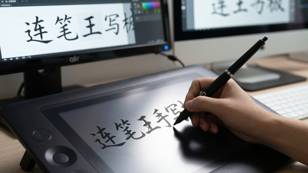 一张特写图片,主体是手写笔在数位板上书写连笔字“连笔王手写板”,屏幕上实时显示识别后的标准楷体文字,布局为手写板与电脑屏幕的联动画面,排版居中,风格为写实摄影,细节突出笔尖与屏幕的光影效果,画质清晰干净,无多余元素