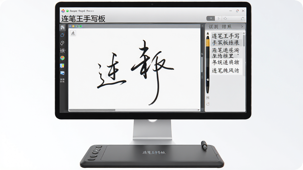 一张现代风格的软件预览图,主体是电脑屏幕中显示“连笔王手写板”的输入界面,界面右侧有手写区域和识别结果栏,屏幕下方有一个手写板硬件设备,整体布局简洁清晰,风格为科技感3D渲染,细节包含流畅的书写笔迹和准确的汉字识别效果,画质高清干净,无多余元素,画面中文字标注“连笔王手写板”