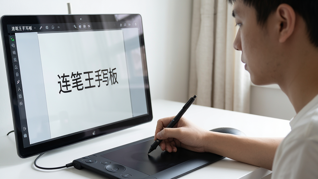 一张使用场景图,主体是用户使用手写板在电脑上输入文字,屏幕显示“连笔王手写板”识别结果,布局为人物侧面特写,风格为写实摄影,细节包含手写笔接触板面和屏幕文字,画质高清干净,无多余元素