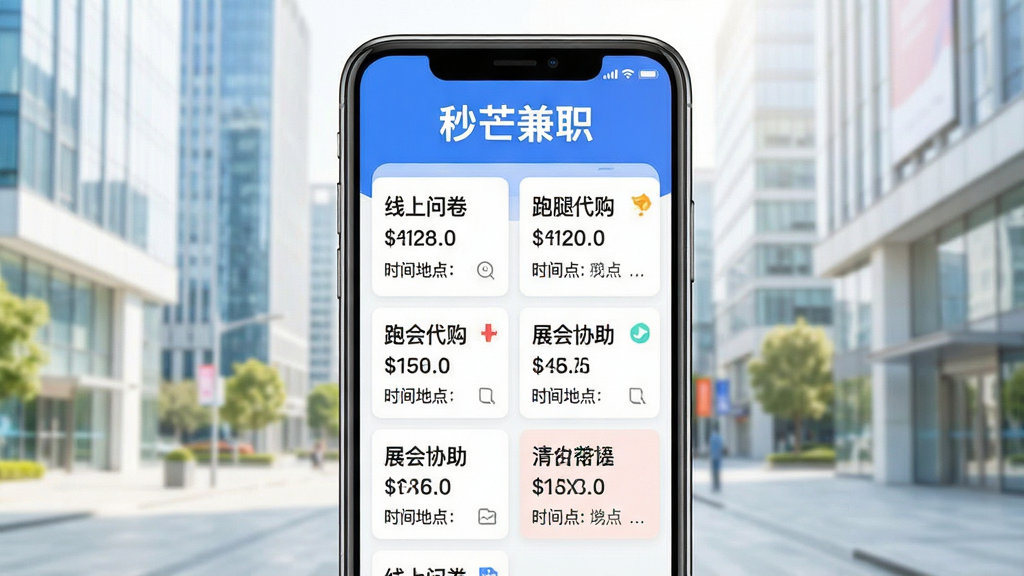 一张智能手机屏幕展示秒芒兼职APP主界面,界面清晰列出各类兼职任务卡片,包括“线上问卷”、“跑腿代购”、“展会协助”等,每张卡片显示报酬金额与时间地点,背景是明亮的现代城市街景,整体风格简洁明快,色彩活泼,突出“秒芒兼职”四个字在屏幕顶部,画质干净无多余元素