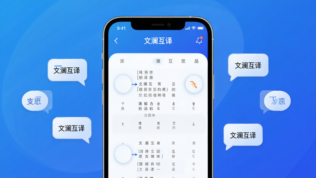 主体:文澜互译App界面展示,手机屏幕显示中英互译结果,背景为渐变蓝色,布局:手机居中,两侧有浮动的翻译气泡,排版:简洁明快,风格:现代科技感,细节:屏幕内文字清晰标注