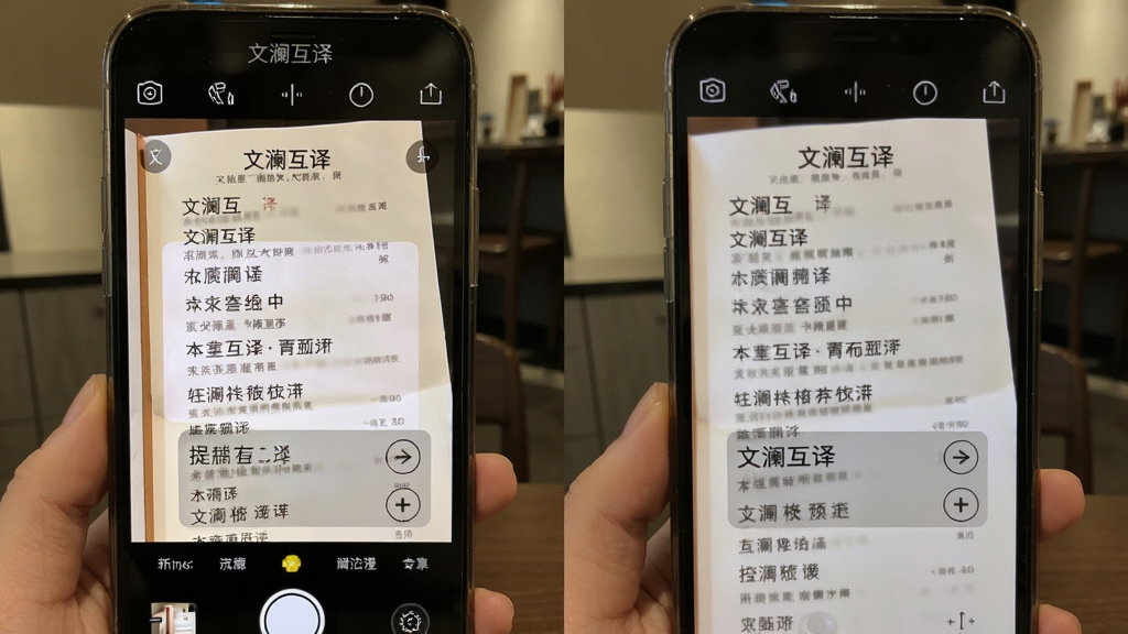 主体:文澜互译拍照翻译功能,手机相机对准一份外文菜单,屏幕实时显示翻译结果覆盖在原文上,布局:左为原图,右为译文,排版:对照清晰,风格:写实摄影风,细节:菜单上中文译文清晰可见,手机顶部标注