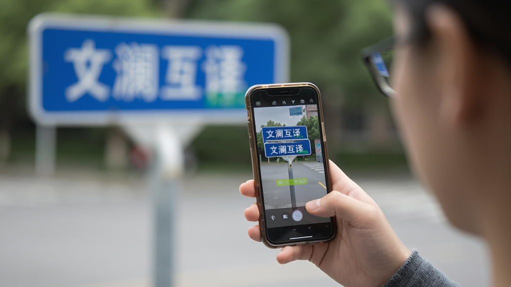 主体:文澜互译使用场景图,用户手持手机在户外拍摄路牌,手机屏幕显示翻译结果,布局:用户为主体,背景虚化,排版:自然抓拍,风格:纪实摄影,细节:手机屏幕清晰标注