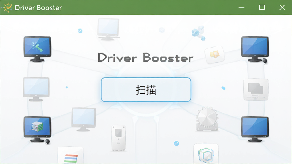一张展示Driver Booster软件主界面的高清截图,界面中央显示“扫描”按钮,周围有电脑硬件图标环绕,整体风格简洁明亮,科技感强,画质清晰,干净无多余元素,图片中文字标注“Driver Booster”