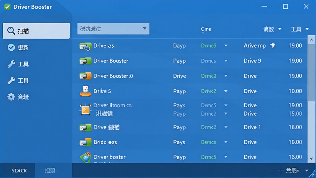 Driver Booster软件主界面预览图,左侧菜单栏显示“扫描”“更新”“工具”等选项,右侧显示驱动列表,整体界面简洁,蓝色背景,画质清晰,干净无多余元素