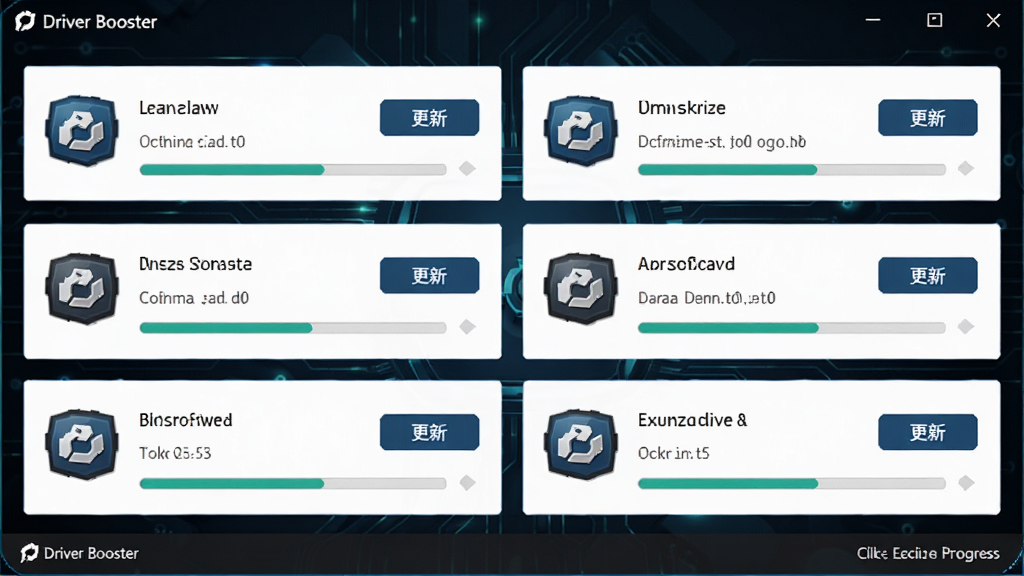 Driver Booster软件批量更新驱动的界面,多个驱动项目排列,每个项目后有“更新”按钮,点击后显示下载进度条,背景为深色科技风格,画质清晰,干净无多余元素