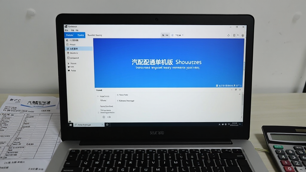 一张汽配通单机版软件在电脑上运行的实拍照片,主体为笔记本屏幕显示软件主界面,旁边放有纸质单据和计算器,桌面环境简洁,光线柔和,画质真实,无多余元素