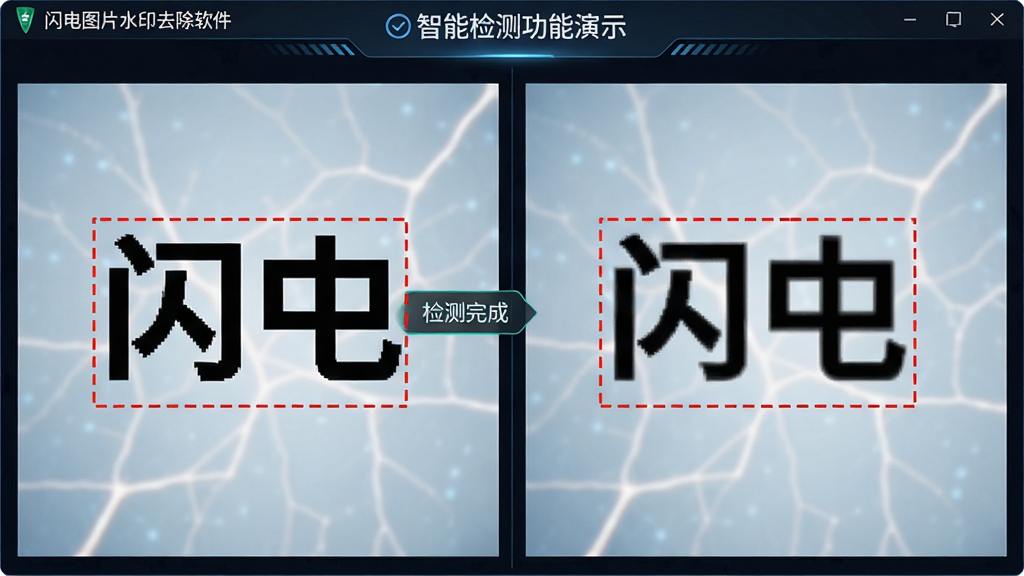 主体:闪电图片水印去除软件的智能检测功能演示;布局:界面左侧为原图,右侧为检测结果,水印区域被红色虚线框标记;排版:对比式布局,上下分栏;风格:科技感UI,深色背景;细节:红色虚线框准确框住水印文字,旁边显示“检测完成”提示;画质:高清,干净,无多余元素