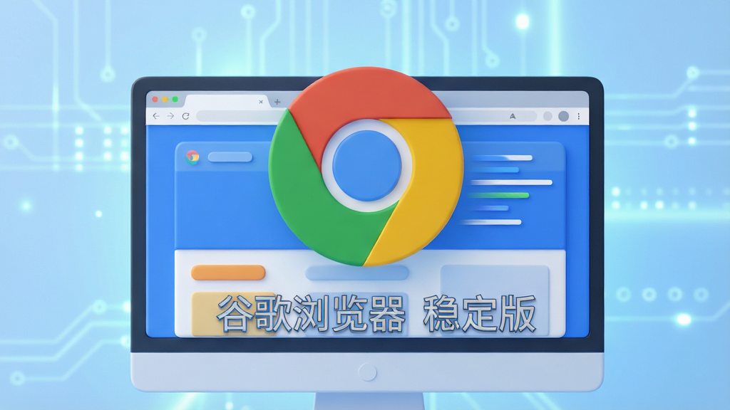 主体:谷歌浏览器图标与电脑屏幕结合的3D概念图,图标悬浮于屏幕上方。布局:居中构图,图标占据视觉中心,背景为浅蓝色渐变科技感光效。排版:图标下方有“谷歌浏览器 稳定版”字样。风格:现代扁平化结合微立体,色彩明亮干净。细节:屏幕内显示网页元素和速度线条,象征极速加载。画质:8K超清,干净,无多余元素。