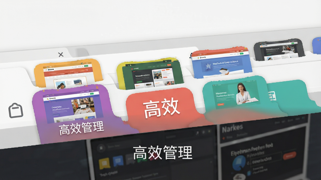 主体:多个彩色标签页整齐排列在浏览器顶部。布局:横向排布,每个标签显示不同网页缩略图。排版:标签下方有“高效管理”字样。风格:清新简洁,扁平化。细节:标签颜色各异,突出多任务处理。画质:高清,干净,无多余元素。