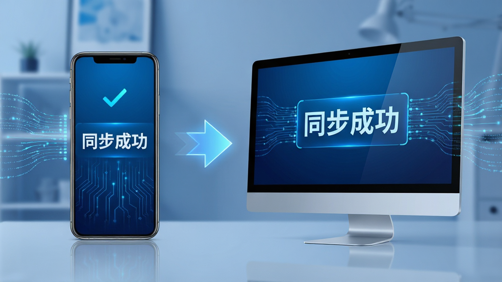 主体:手机与电脑屏幕显示同步界面。布局:左手机右电脑,中间有同步箭头。排版:屏幕上有“同步成功”字样。风格:科技感,蓝色调。细节:设备周围有数据流线条。画质:高清,干净,无多余元素。