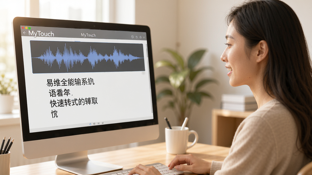 一张展示MyTouch易维全能输入系统语音输入功能的示意图,画面中一个用户正对着电脑屏幕说话,屏幕上显示出语音波形图和快速转写出的中文文字,背景为明亮的办公场景,色调温暖,人物动作自然,文字清晰,整体风格写实,画质柔和干净