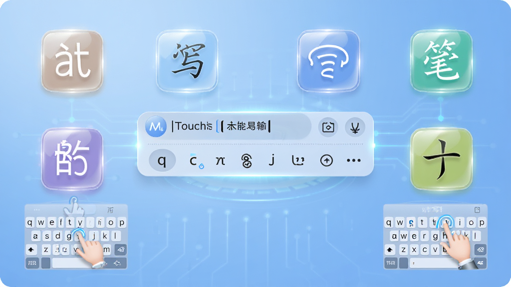 一张展示MyTouch易维全能输入系统多模式切换功能的动态效果图,画面中央是输入法状态栏,周围环绕着拼音、手写、语音、笔画四种模式图标,图标下方有对应的键盘或手势示意,背景为柔和的渐变蓝色,科技感十足,整体布局清晰,图标高光渲染,画质通透干净