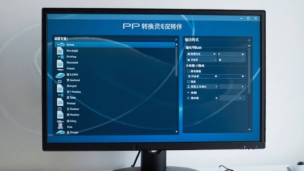 电脑显示器上显示PSP转换精灵的格式转换界面,左侧是源文件列表,右侧为输出格式选择区,界面以蓝色为主调,图标清晰,排版整洁,现代感风格,细节丰富,画质高清,干净无杂乱元素