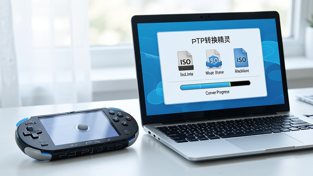 展示PSP游戏机旁放着笔记本电脑,电脑屏幕显示PSP转换精灵的游戏转换界面,界面中有ISO文件图标和转换进度条,整体为科技蓝配色,布局简洁,风格写实,细节精致,画质高清明亮,无多余元素