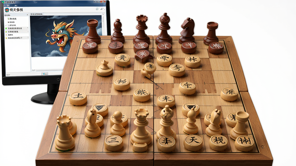 一幅高清的象棋棋盘特写,棋盘上摆满棋子,一侧是电脑屏幕显示“倚天象棋”软件界面,整体风格写实,布局居中,细节丰富,画质清晰干净,无多余元素。