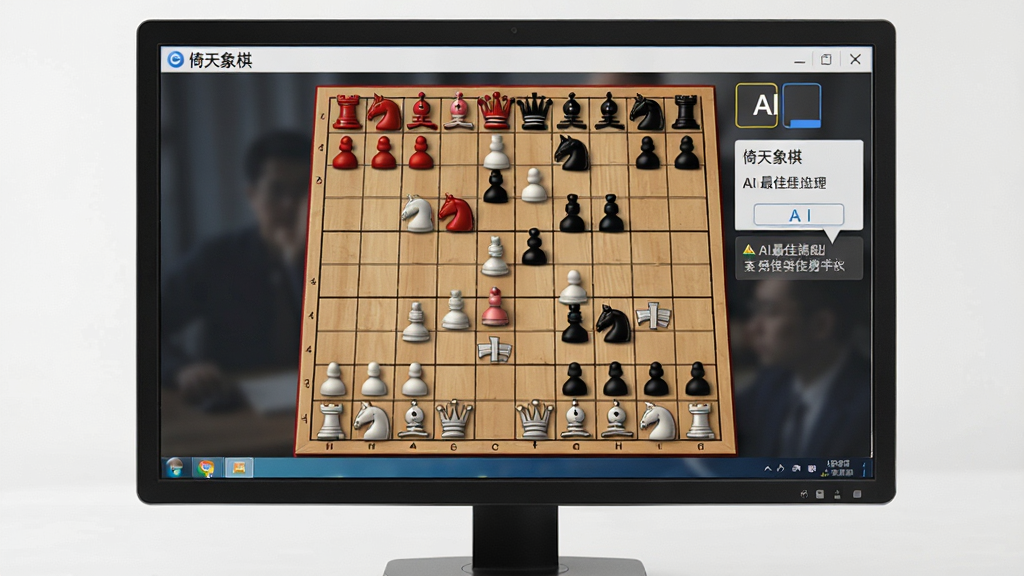 电脑屏幕显示“倚天象棋”对弈界面,棋盘上红黑双方激烈厮杀,AI提示最佳走法,画面布局合理,风格写实,细节丰富,画质清晰干净,无多余元素。