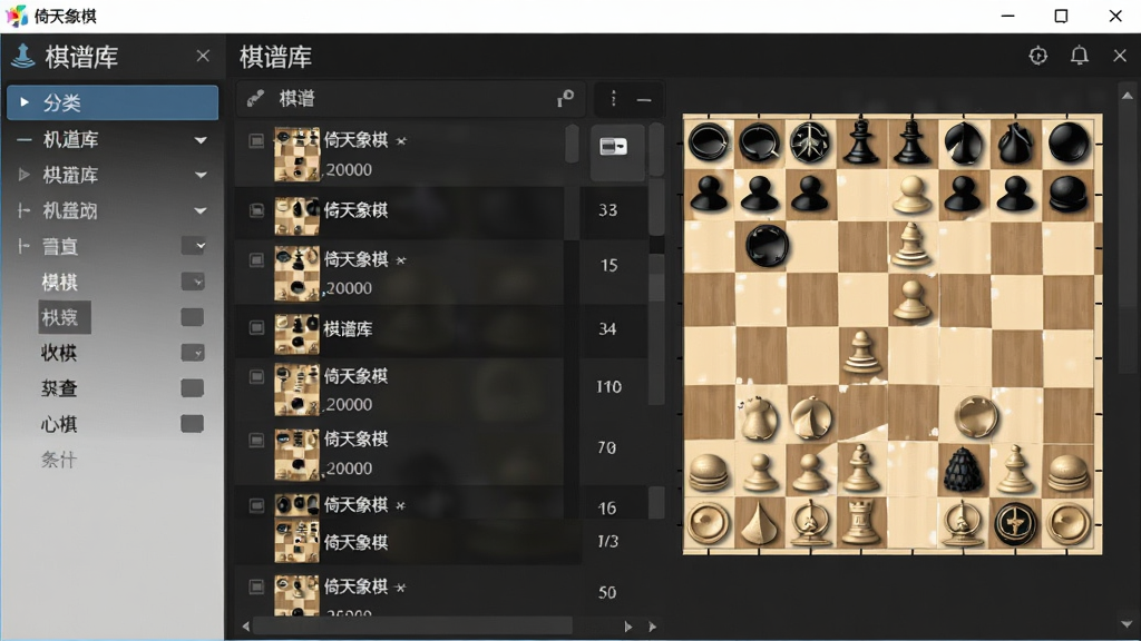 “倚天象棋”软件中的棋谱库界面,左侧分类列表,右侧显示棋谱列表和棋盘预览,布局清晰,风格简洁,画质干净,无多余元素。