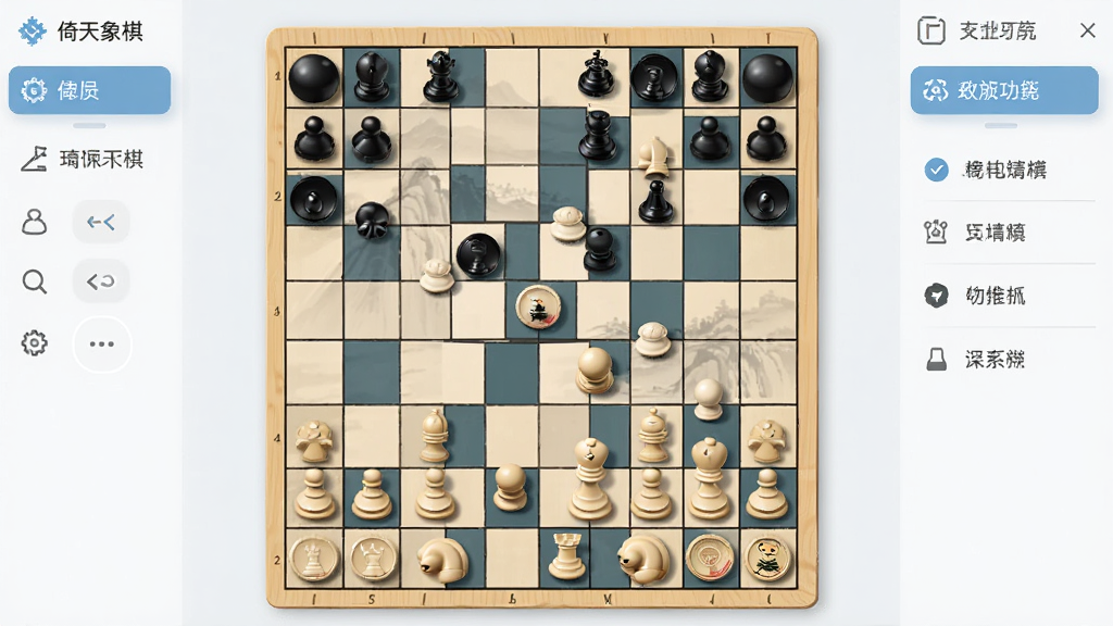 “倚天象棋”主界面截图,棋盘居中,左侧工具栏,右侧功能面板,整体布局简洁,风格清爽,画质清晰,无多余元素。