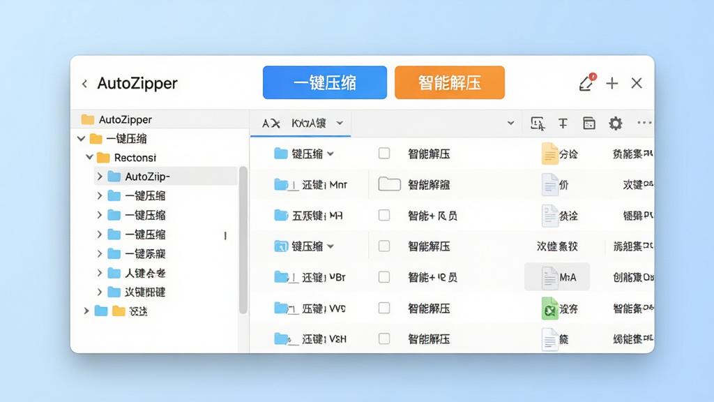 画面中央展示AutoZipper主界面的高清截图,界面布局清晰,左侧为文件夹树状目录,右侧为文件列表,顶部工具栏突出“一键压缩”和“智能解压”两个彩色按钮,整体风格现代扁平化,背景为浅蓝色渐变,画质细腻干净,无多余元素。