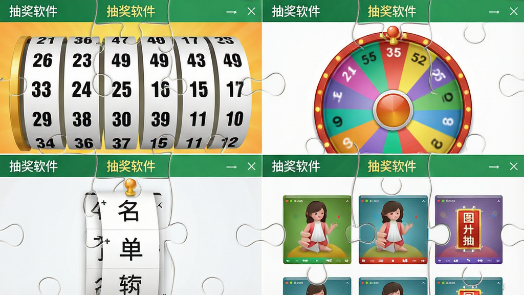 一张展示抽奖软件多种抽奖模式的拼图预览,画面分为四个小窗口,分别显示数字滚动、转盘、名单滚动和图片抽奖的界面,每个窗口都带有“抽奖软件”的标识,布局整齐,排版清晰,风格明亮,细节丰富,画质干净,无多余元素