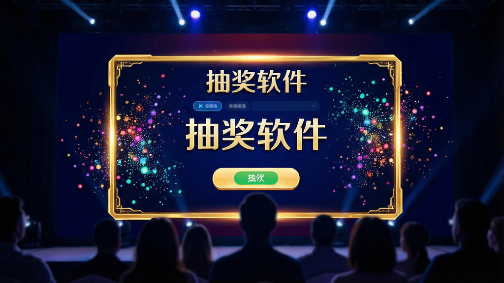 一张展示抽奖软件在大屏幕上的显示效果,画面是一个大型LED屏幕,屏幕中显示“抽奖软件”的抽奖界面,界面有彩色粒子特效和金色边框,屏幕前方是模糊的观众剪影,整体布局大气,排版开阔,风格科技感强,细节丰富,画质清晰,无多余元素