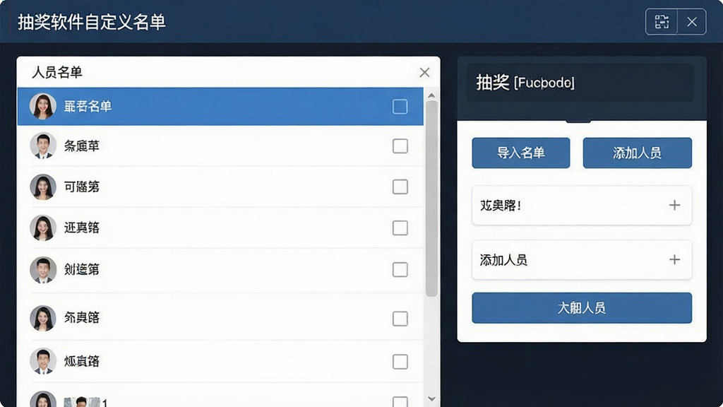 一张展示抽奖软件自定义名单功能的界面截图,画面左侧是人员名单列表,右侧是抽奖设置面板,有“导入名单”、“添加人员”等按钮,界面简洁,排版整齐,风格商务,细节清晰,画质干净,无多余元素