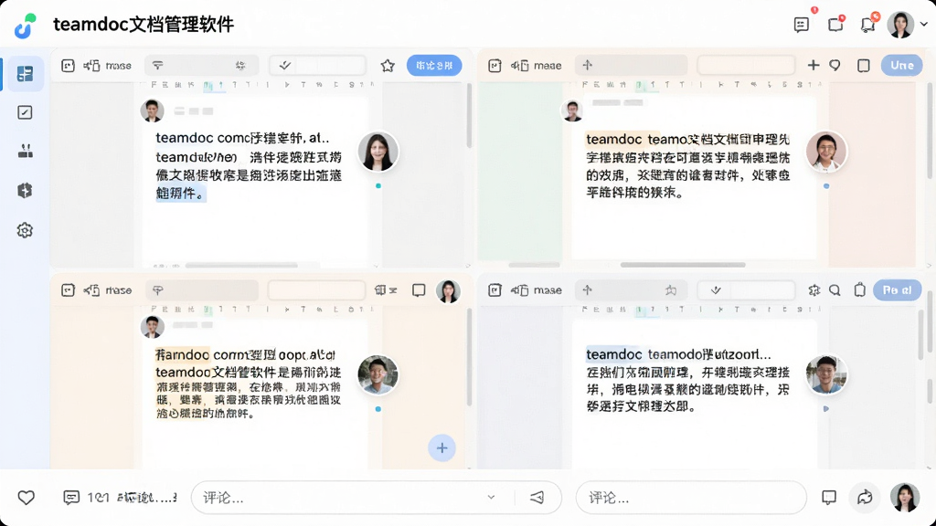 一张“teamdoc文档管理软件”多人协作场景的界面截图,屏幕被分为多个编辑区域,不同用户头像悬浮在各自编辑的文字旁,底部有评论输入框,整体布局清晰,色彩柔和,风格现代,画面干净,细节丰富,画质高清