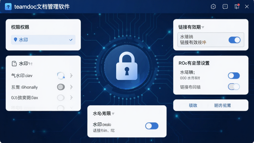 一张“teamdoc文档管理软件”的安全设置界面,界面中央有加密锁图标,周围环绕着权限选项、水印开关、链接有效期设置等,整体色调为深蓝色科技感,布局规整,细节丰富,画质高清,无多余元素