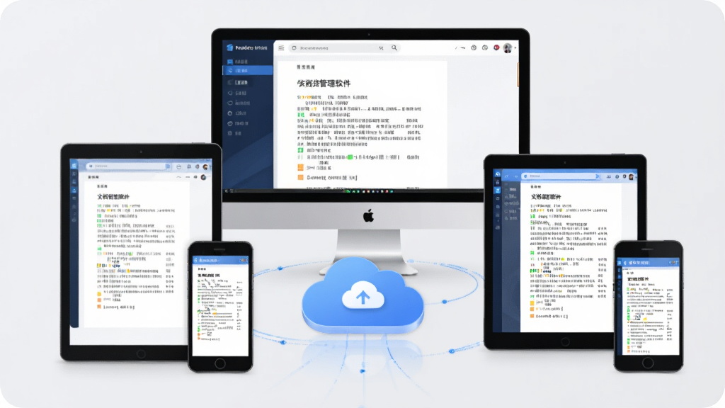 展示“teamdoc文档管理软件”在不同设备(PC、平板、手机)上同步运行的效果图,设备围绕一个云端图标排列,屏幕中均显示相同的文档界面,背景为浅灰色,布局平衡,风格简洁科技感,细节清晰,画质干净