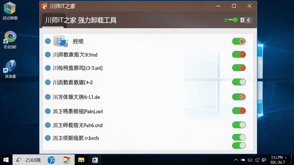 画面主体为川师IT之家强力卸载工具的启动项管理界面,显示多个启动项开关,背景为Windows桌面,布局为列表式,排版整齐,风格简洁,细节有绿色和红色状态灯,画质干净无多余元素