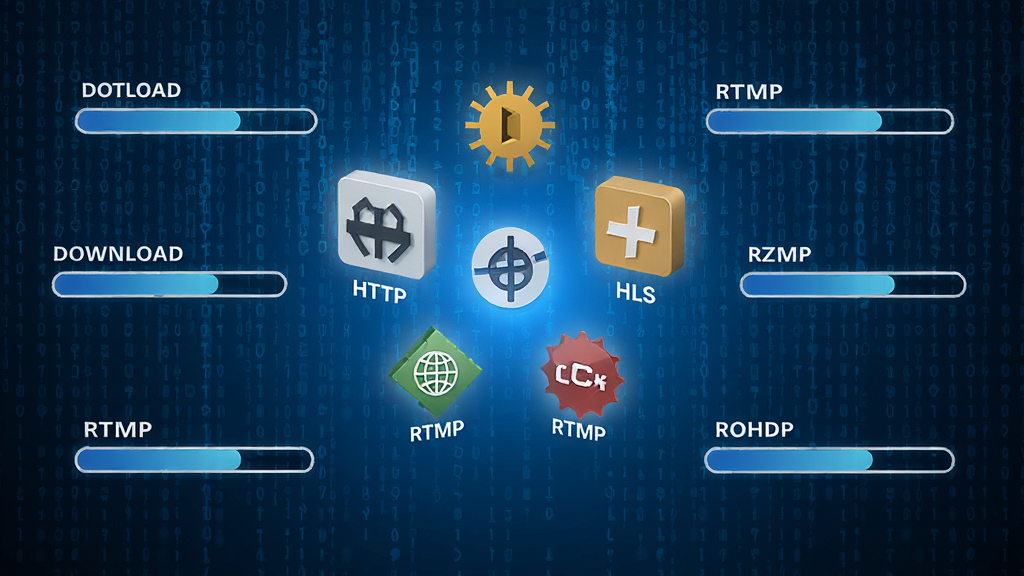 StreamTorrent软件功能示意图,屏幕中央显示多个网络协议图标(HTTP、HLS、RTMP等),周围环绕着下载进度条,背景为数字矩阵风格,蓝色科技色调,布局对称,高分辨率,干净简洁。